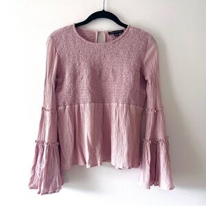 American Eagle Smocked Bell Sleeve Peplum Blouse Mauve Pink